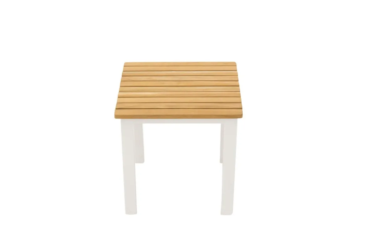 Gartentisch Saku - ein weißer Beistelltisch aus Aluminium und Teakholz