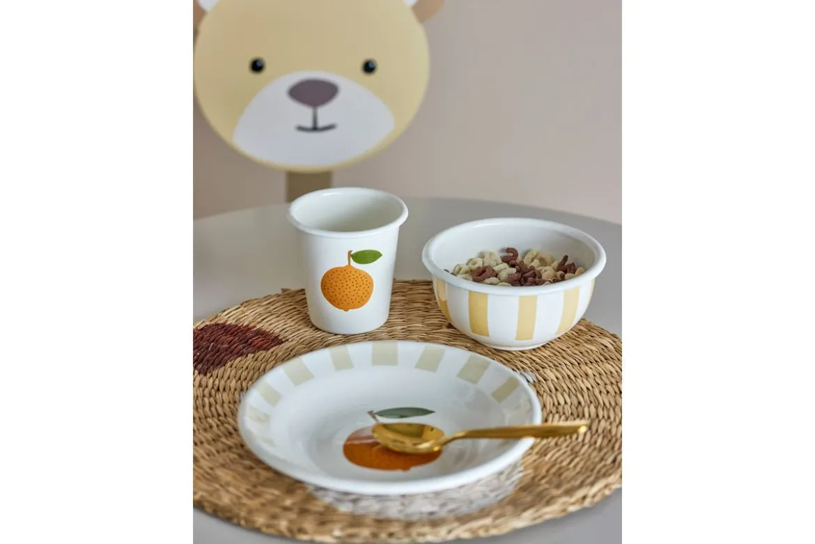Kinder Geschirr-Set Anni – 3-teilig in Weiß mit Orangen & Streifen