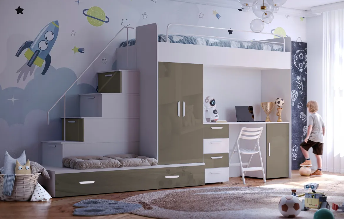 Kinderhochbett Adventure – mit zwei Schlafplätzen, Schreibtisch & viel Stauraum