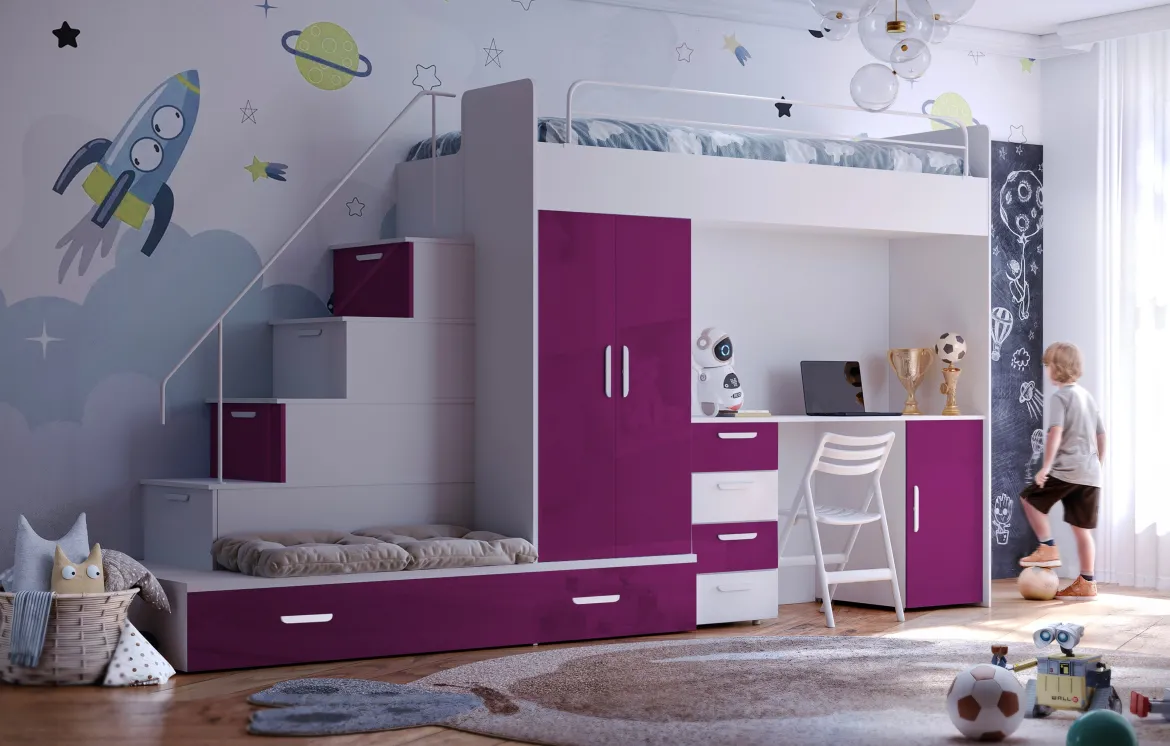 Kinderhochbett Adventure – mit zwei Schlafplätzen, Schreibtisch & viel Stauraum