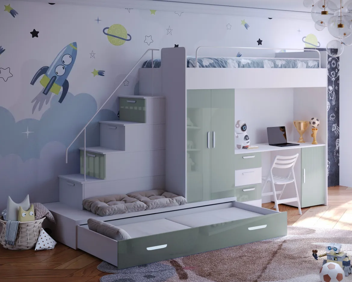 Kinderhochbett Adventure – mit zwei Schlafplätzen, Schreibtisch & viel Stauraum