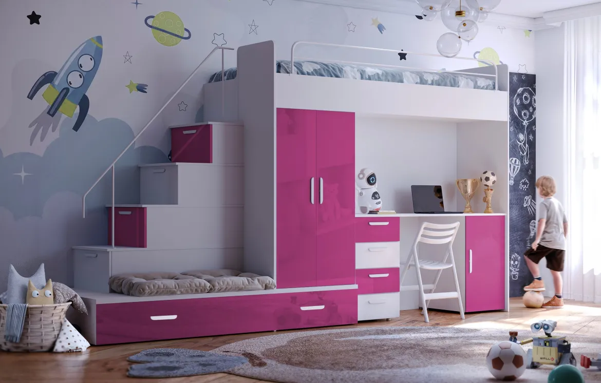 Kinderhochbett Adventure – mit zwei Schlafplätzen, Schreibtisch & viel Stauraum
