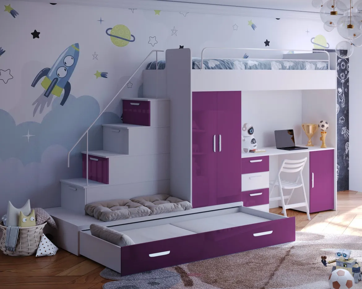 Kinderhochbett Adventure – mit zwei Schlafplätzen, Schreibtisch & viel Stauraum