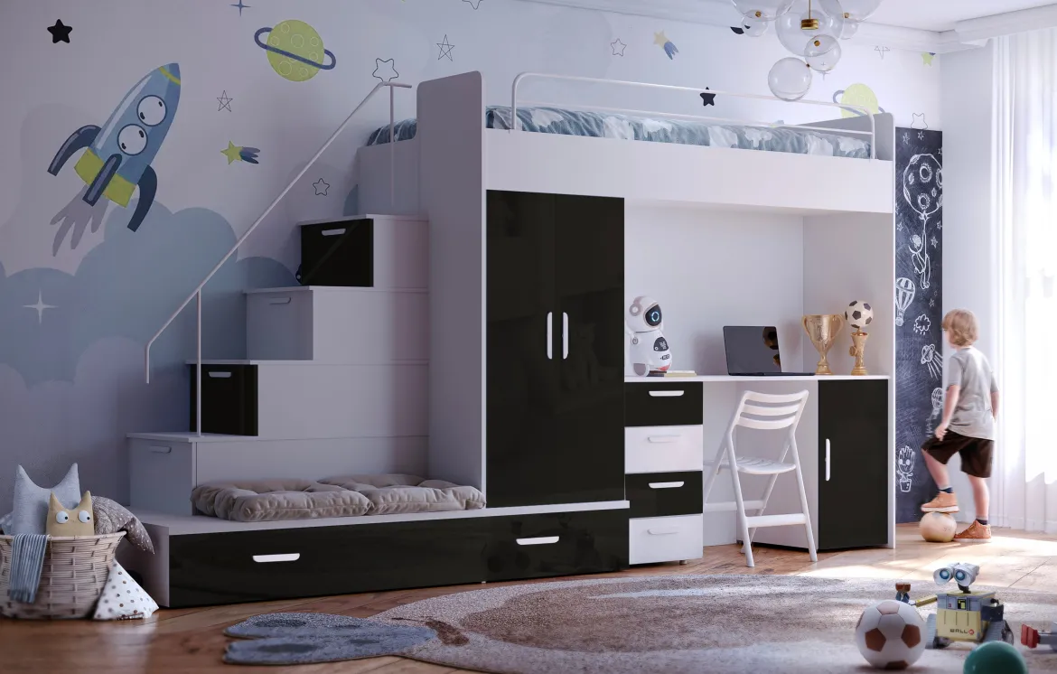Kinderhochbett Adventure – mit zwei Schlafplätzen, Schreibtisch & viel Stauraum