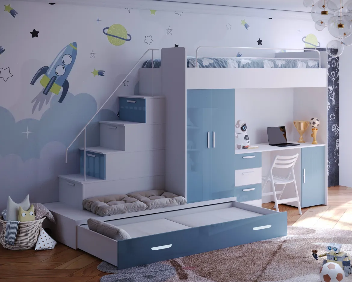 Kinderhochbett Adventure – mit zwei Schlafplätzen, Schreibtisch & viel Stauraum