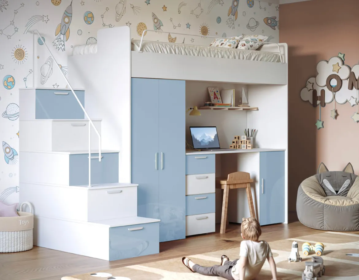 Kinderhochbett Dream Hochglanz – mit Schreibtisch, viel Stauraum & Matratze