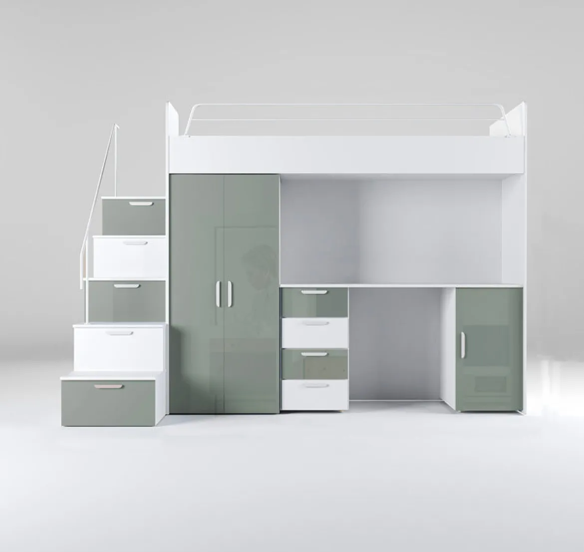 Kinderhochbett Dream Hochglanz – mit Schreibtisch, viel Stauraum & Matratze