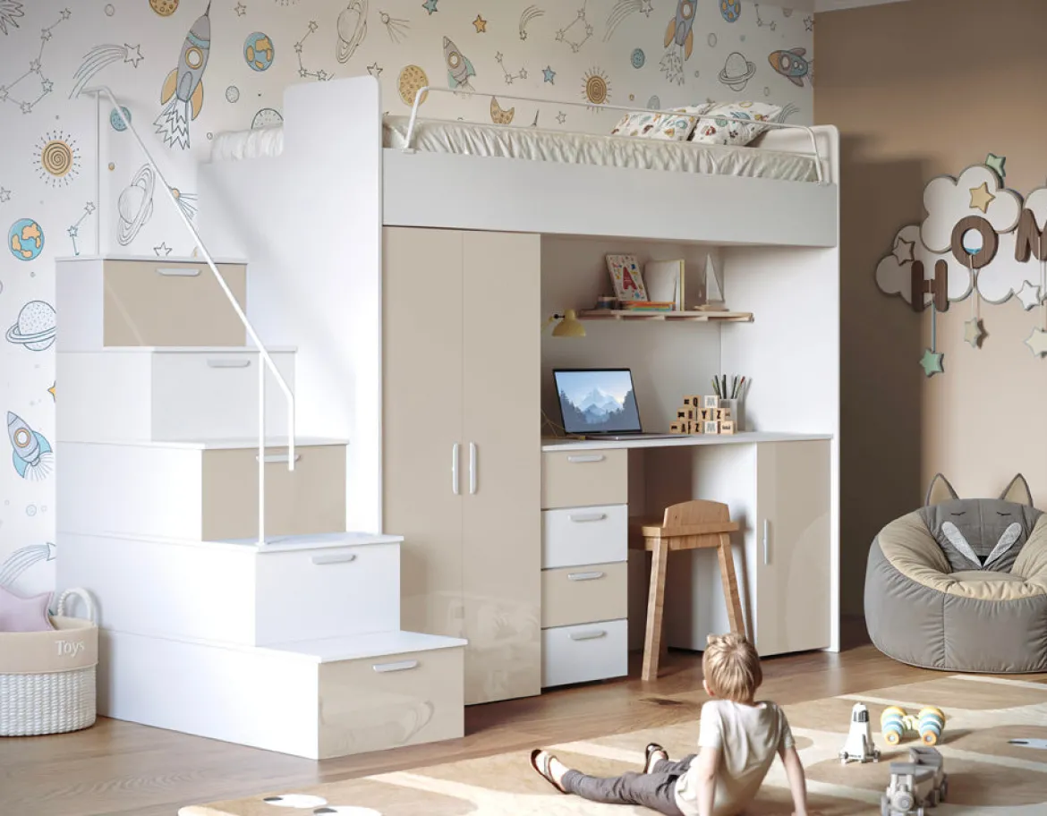 Kinderhochbett Dream Hochglanz – mit Schreibtisch, viel Stauraum & Matratze