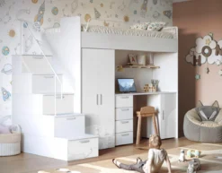 Kinderhochbett Dream Hochglanz – mit Schreibtisch, viel Stauraum & Matratze