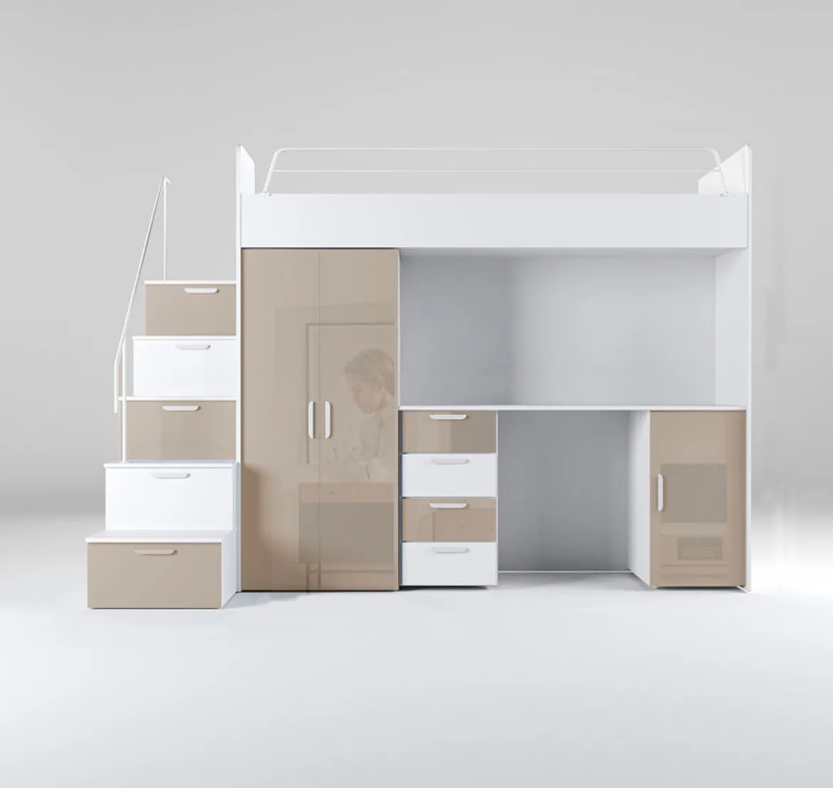 Kinderhochbett Dream Hochglanz – mit Schreibtisch, viel Stauraum & Matratze