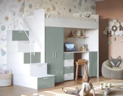 Kinderhochbett Dream Hochglanz – mit Schreibtisch, viel Stauraum & Matratze