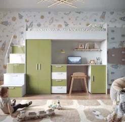 Kinderhochbett Dream Matt – mit Schreibtisch, viel Stauraum & Matratze