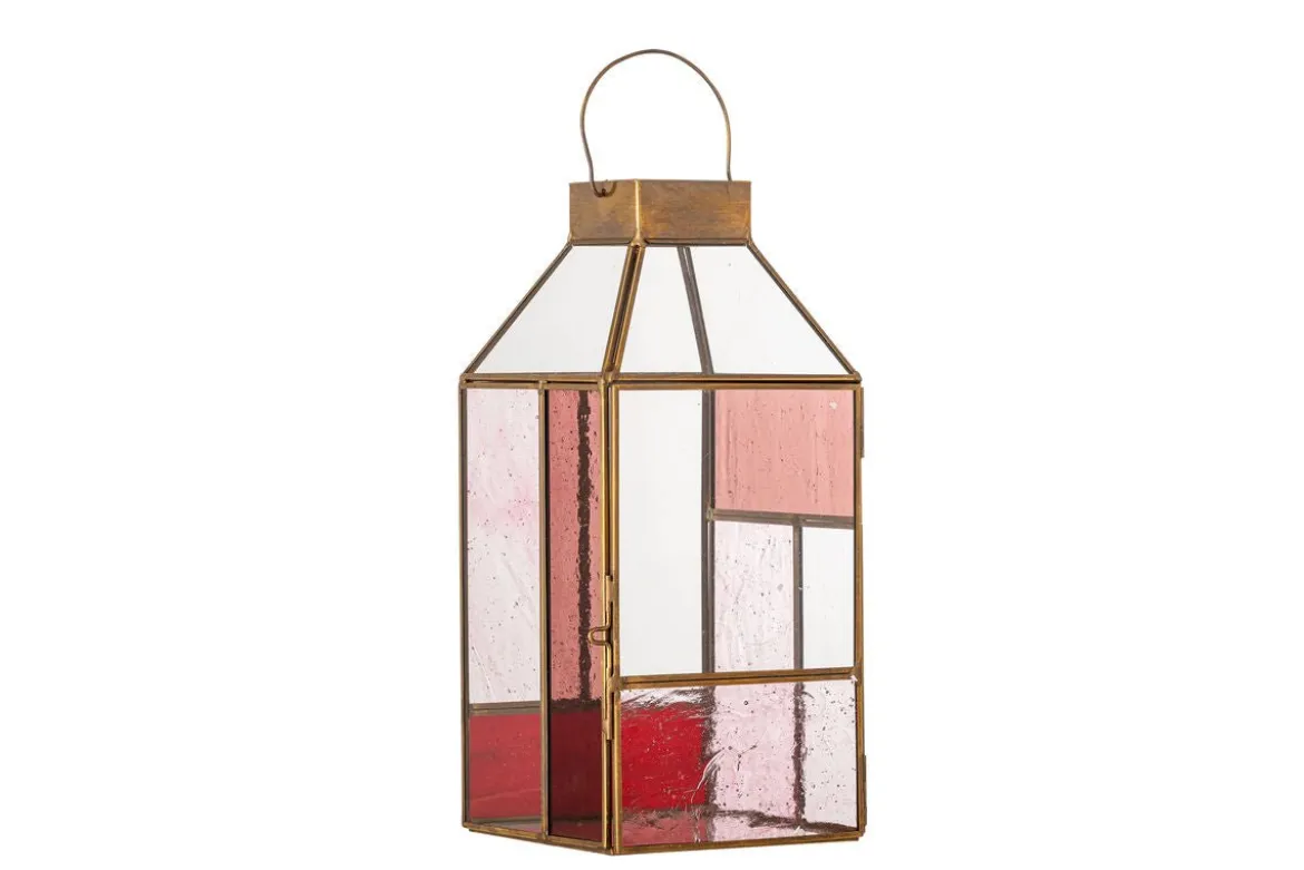 Laterne Amara – Roséfarbenes Glas mit messingfarbenem Rahmen