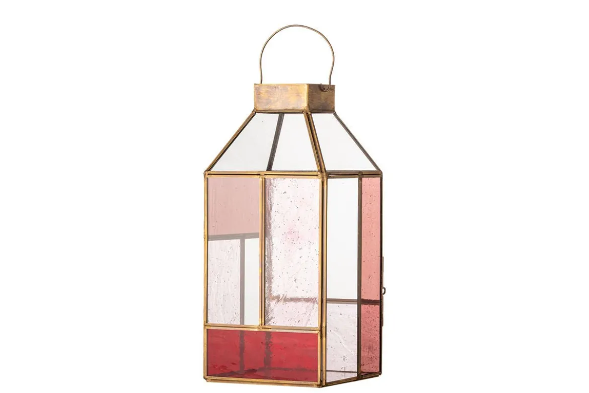 Laterne Amara – Roséfarbenes Glas mit messingfarbenem Rahmen
