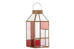 Laterne Amara – Roséfarbenes Glas mit messingfarbenem Rahmen