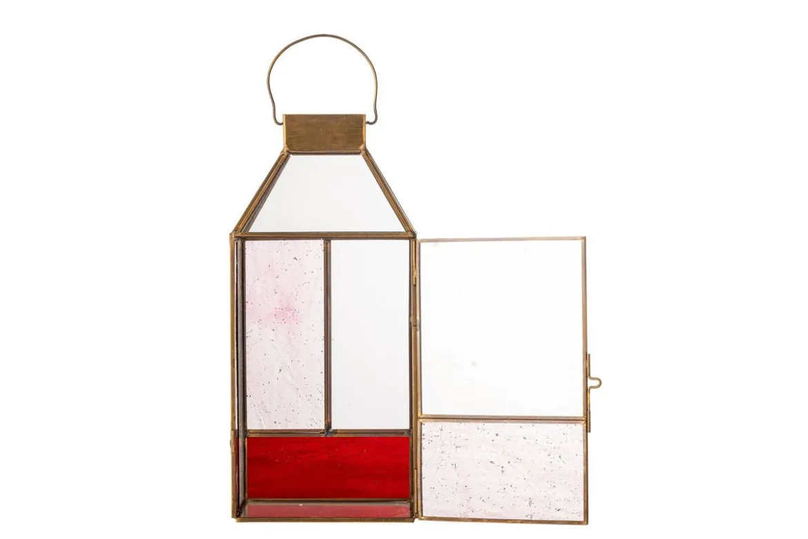 Laterne Amara – Roséfarbenes Glas mit messingfarbenem Rahmen