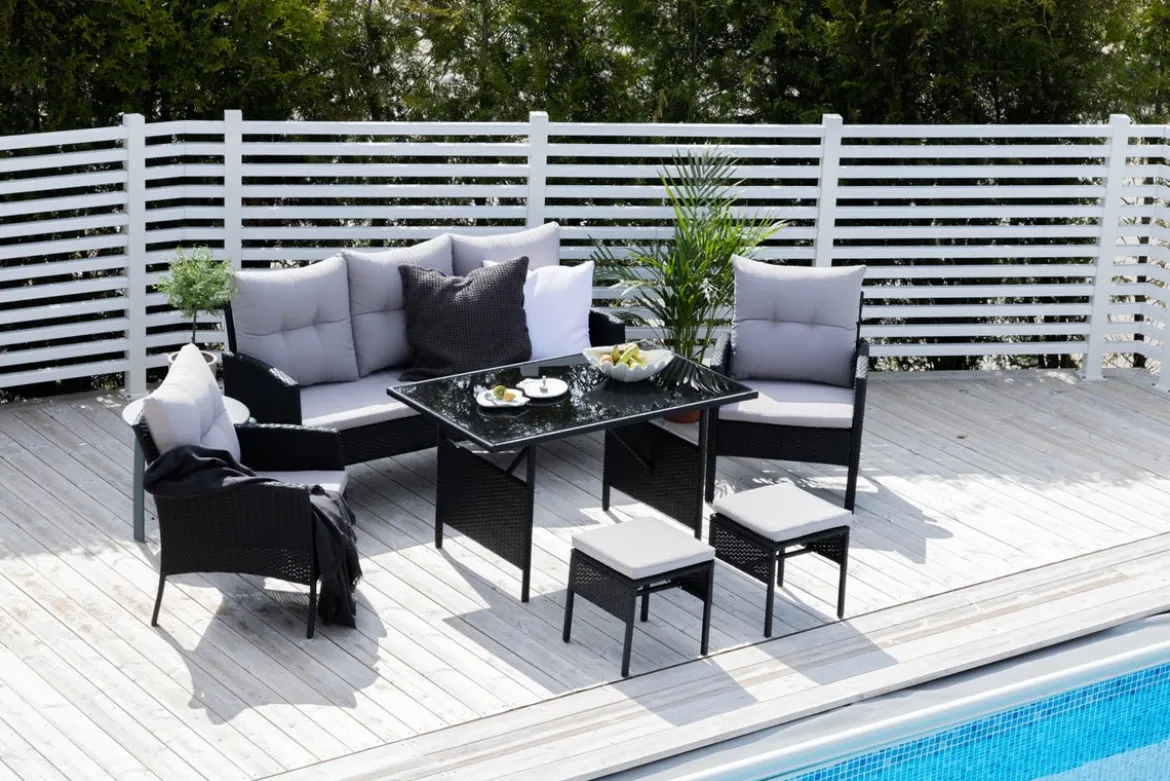 Loungeset Ruby - aus schwarzem Rattan mit grauen Kissen