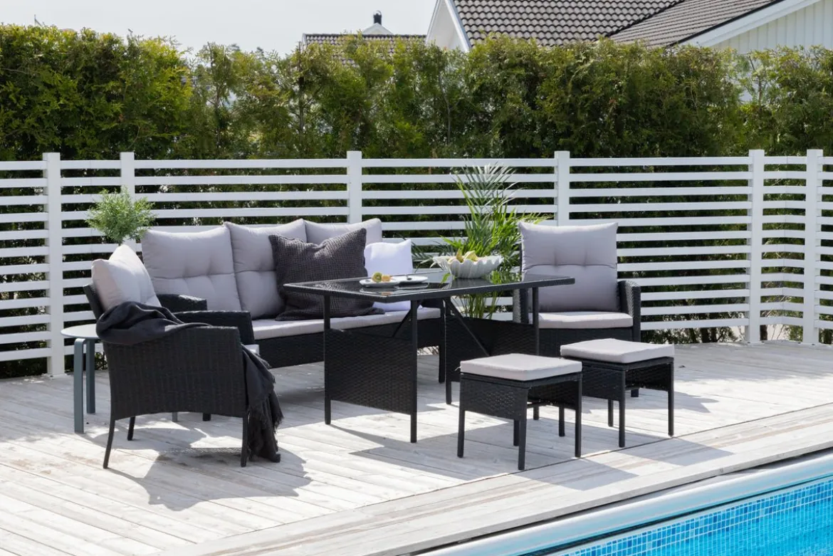 Loungeset Ruby - aus schwarzem Rattan mit grauen Kissen