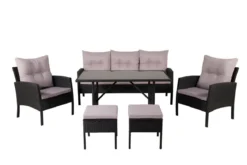 Loungeset Ruby - aus schwarzem Rattan mit grauen Kissen