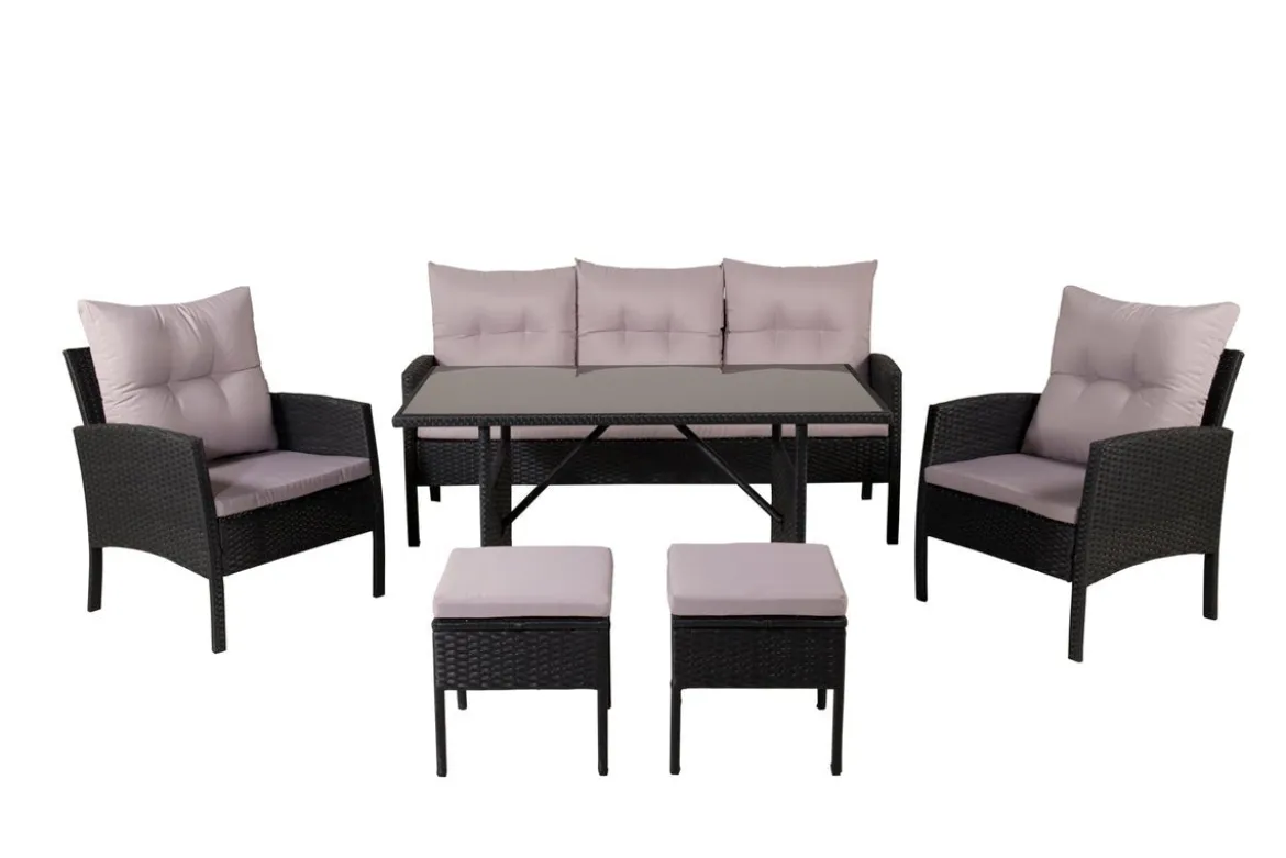Loungeset Ruby - aus schwarzem Rattan mit grauen Kissen