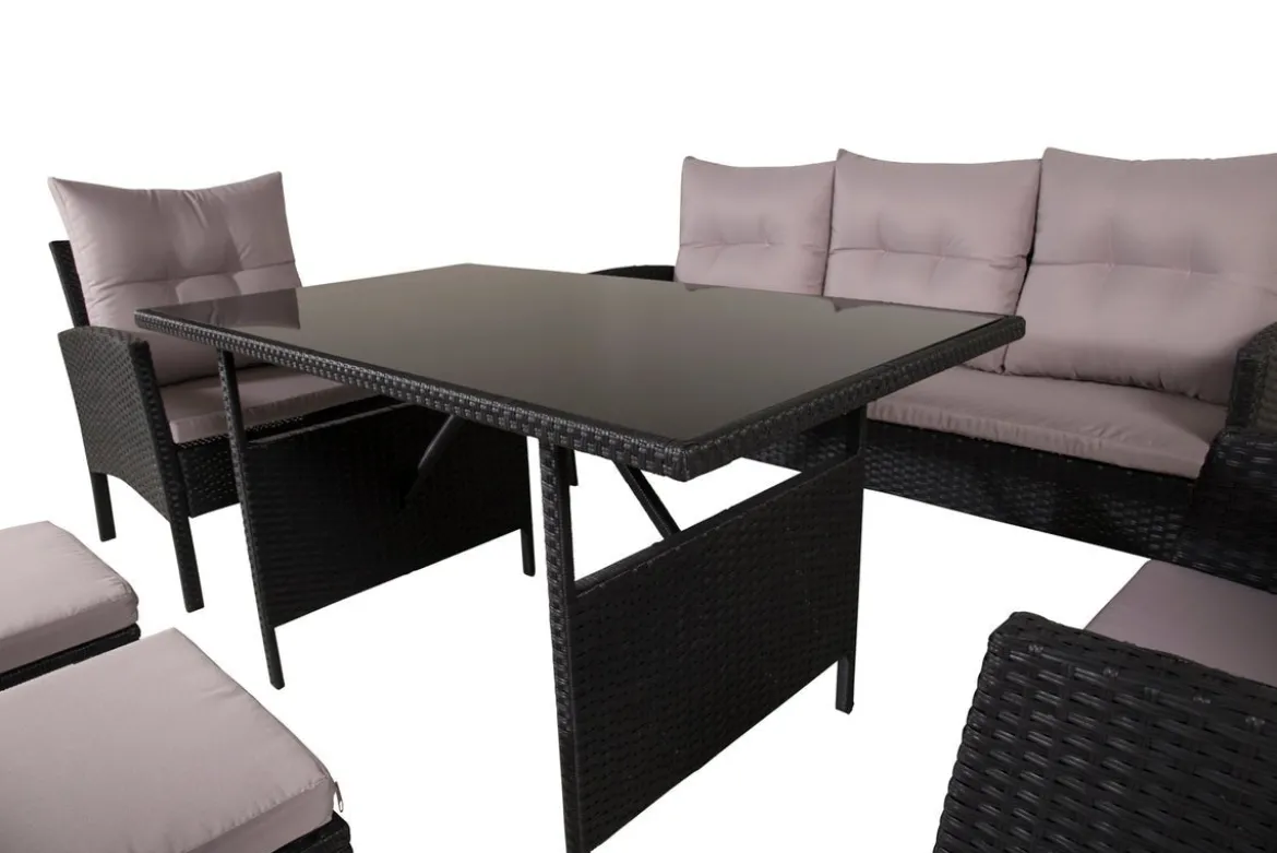 Loungeset Ruby - aus schwarzem Rattan mit grauen Kissen