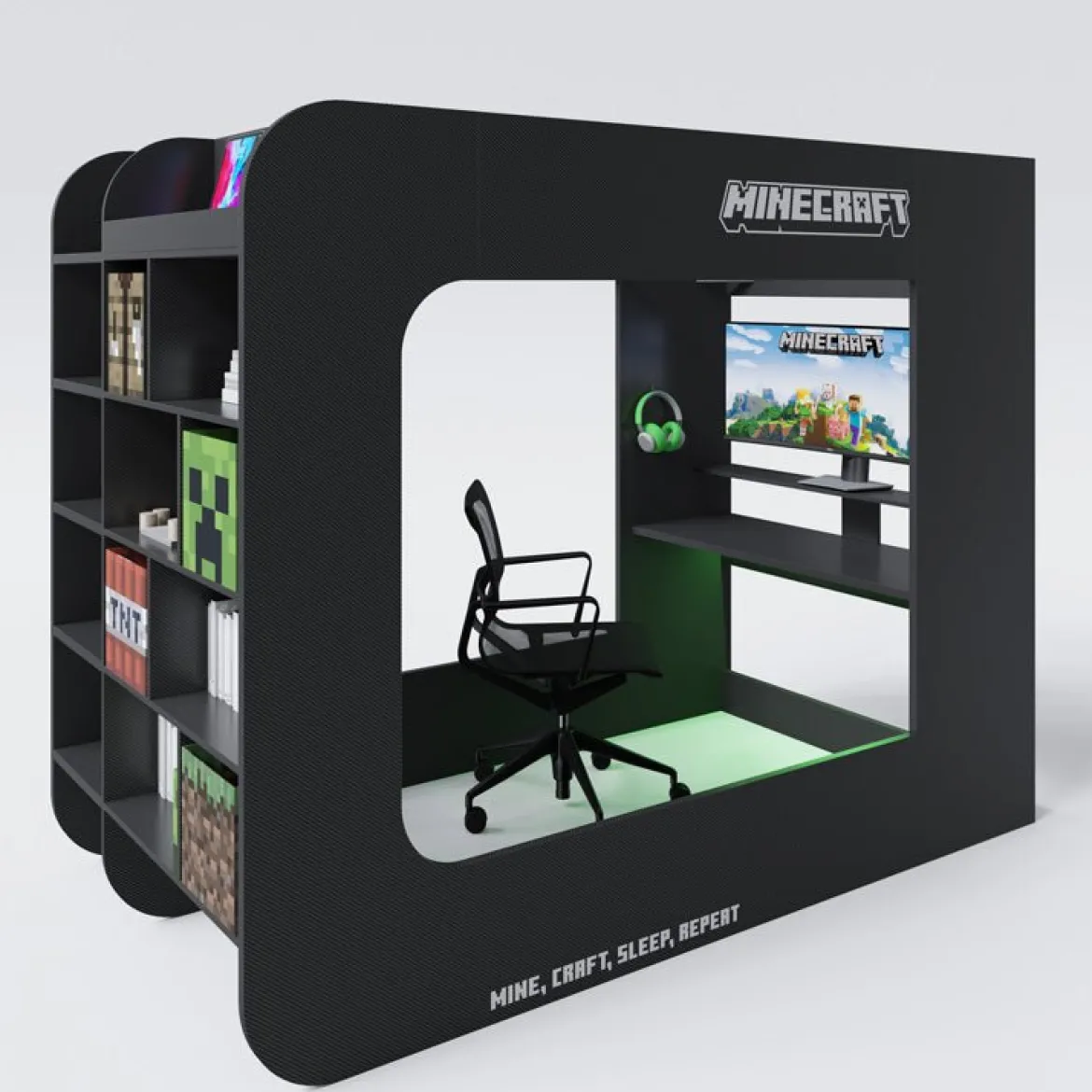 Minecraft Gaming-Hochbett „BaseCamp XL“ mit Schreibtisch & Regal