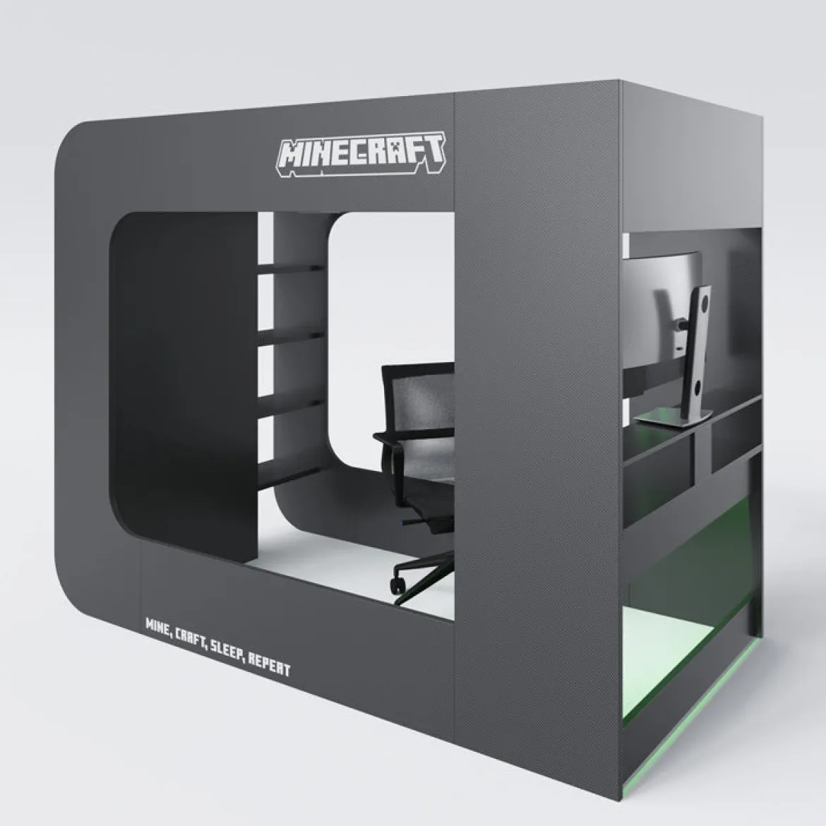 Minecraft Gaming-Hochbett „BaseCamp XL“ mit Schreibtisch & Regal
