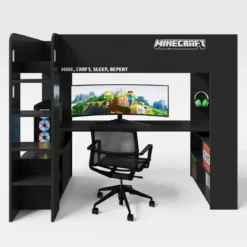 Minecraft Gaming-Hochbett „BaseCamp“ mit Schreibtisch & Regal