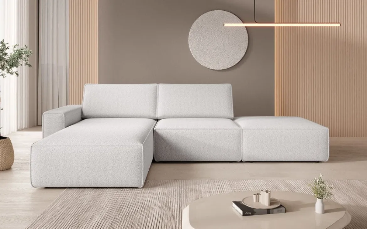 Modulares Ecksofa Yuma mit Beistellhocker aus Bouclé