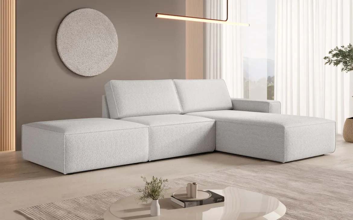 Modulares Ecksofa Yuma mit Beistellhocker aus Bouclé