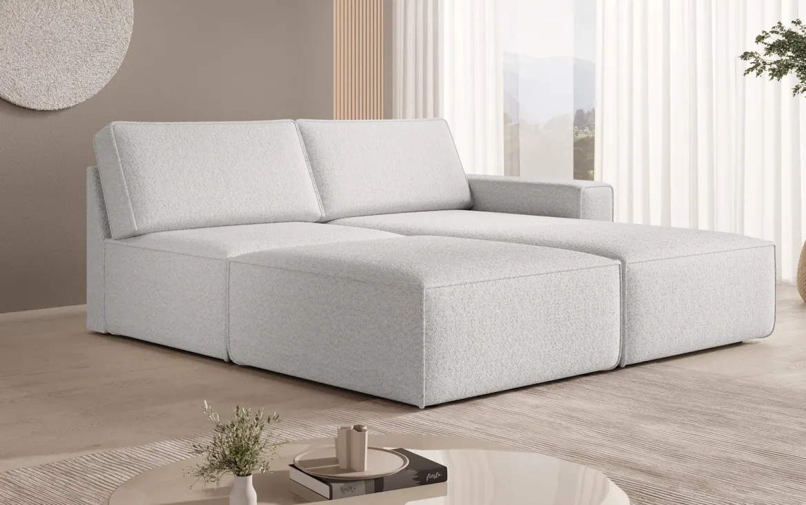 Modulares Ecksofa Yuma mit Beistellhocker aus Bouclé