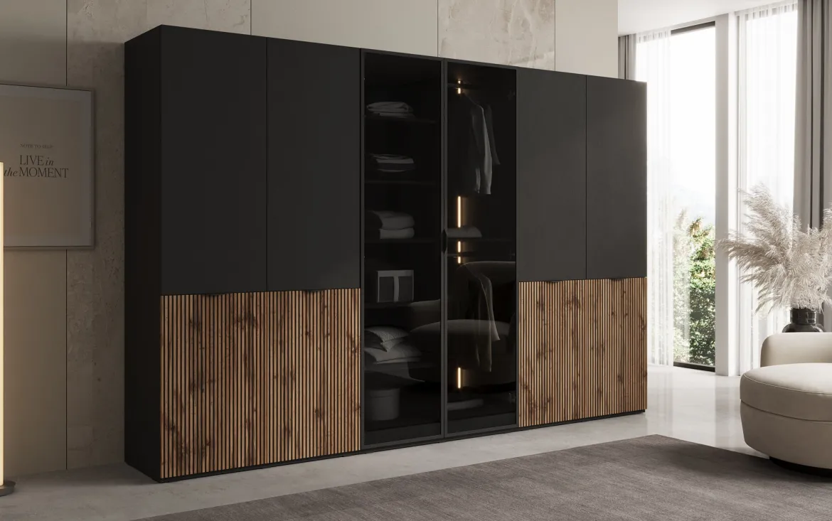 Moduro Arven – Dreimoduliger Design-Kleiderschrank mit Holz- und Glasfront