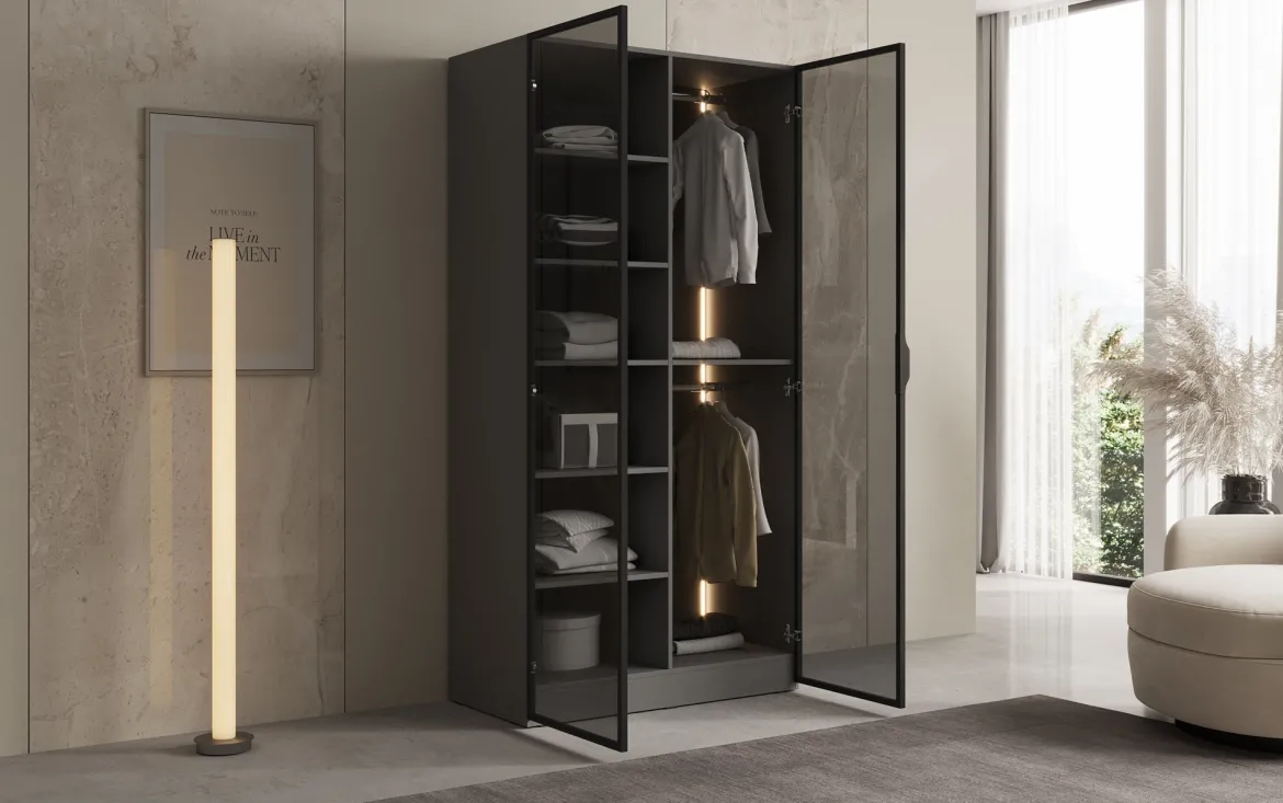 Moduro Luno – Design-Kleiderschrank mit Glasfront und LED-Innenbeleuchtung