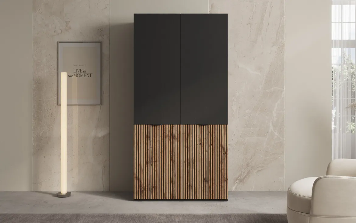 Moduro Naro – Design-Kleiderschrank mit dunklem Korpus und Holzdekor-Front