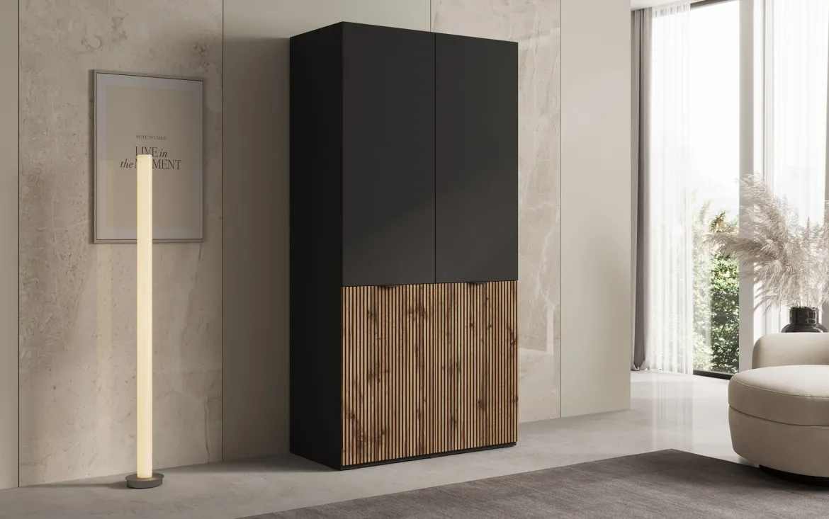 Moduro Naro – Design-Kleiderschrank mit dunklem Korpus und Holzdekor-Front