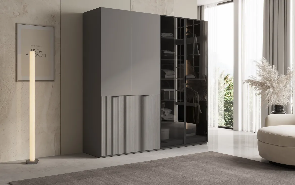 Moduro Nero – Modularer Kleiderschrank mit Glas- und Strukturfront