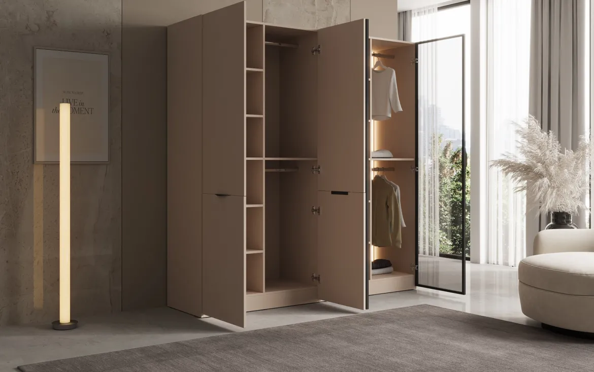 Moduro Nero – Modularer Kleiderschrank mit Glas- und Strukturfront