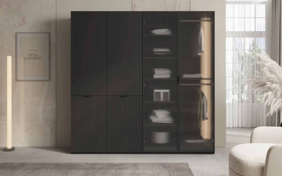 Moduro Ravo – Modularer Kleiderschrank mit geriffelter Glasfront und Strukturpaneel