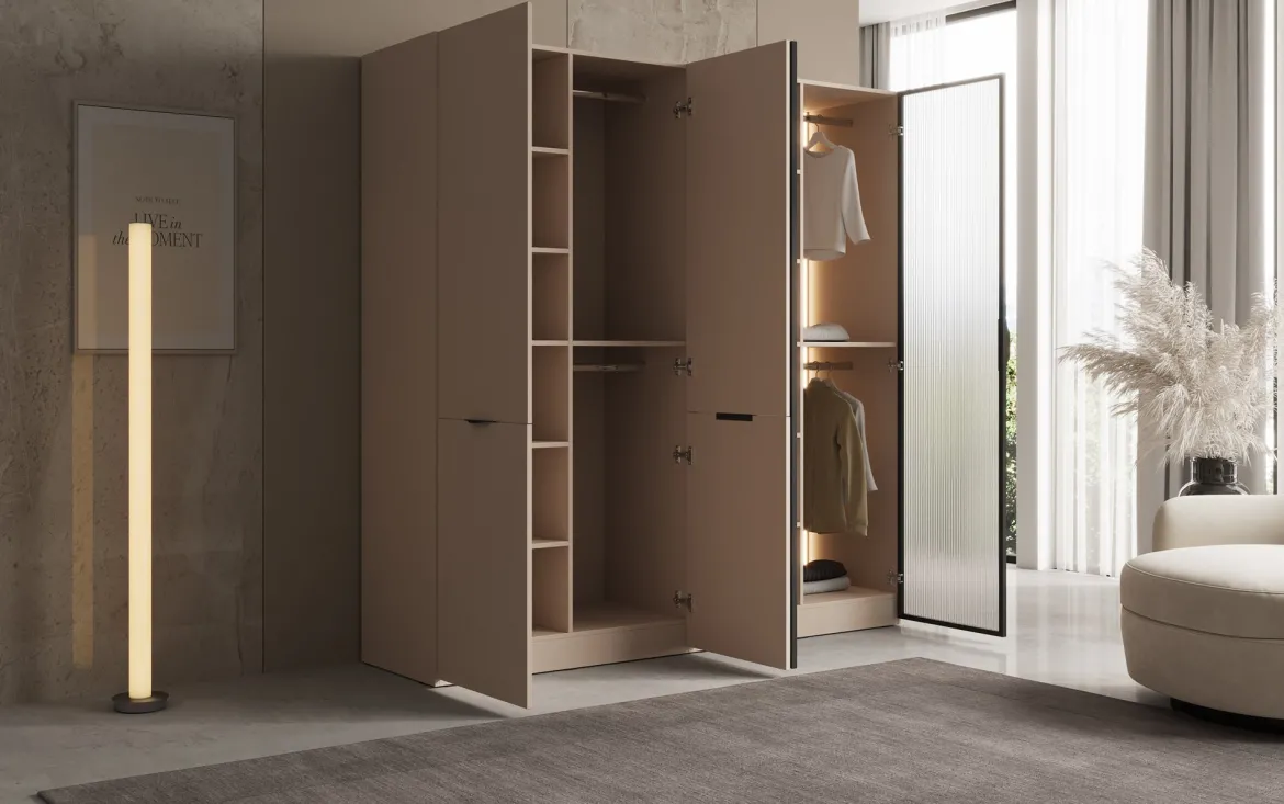 Moduro Ravo – Modularer Kleiderschrank mit geriffelter Glasfront und Strukturpaneel