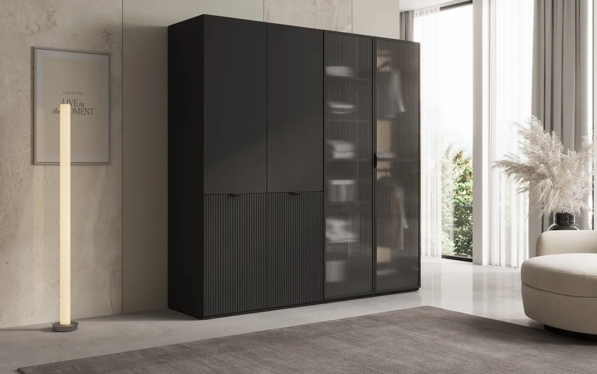 Moduro Ravo – Modularer Kleiderschrank mit geriffelter Glasfront und Strukturpaneel