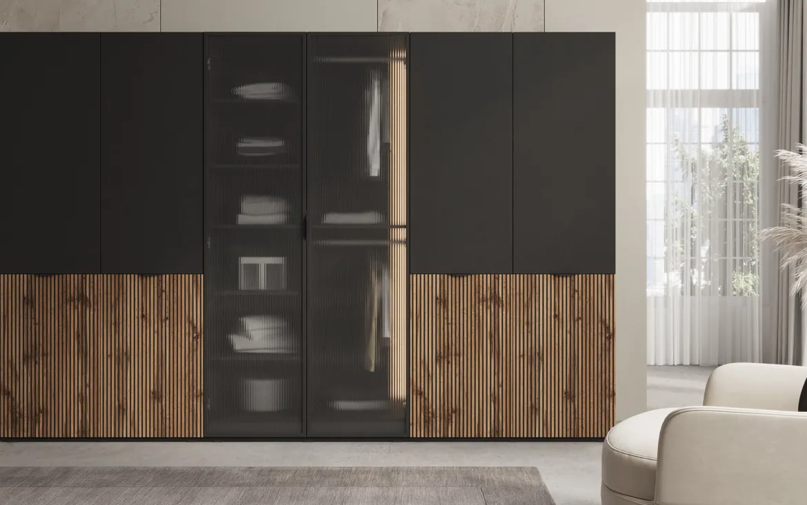 Moduro Serin – Dreimoduliger Design-Kleiderschrank mit Holz- und Strukturglasfront