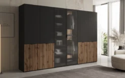 Moduro Serin – Dreimoduliger Design-Kleiderschrank mit Holz- und Strukturglasfront