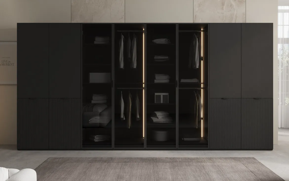 Moduro Verno – Modularer Design-Kleiderschrank mit Glas- und Strukturfront