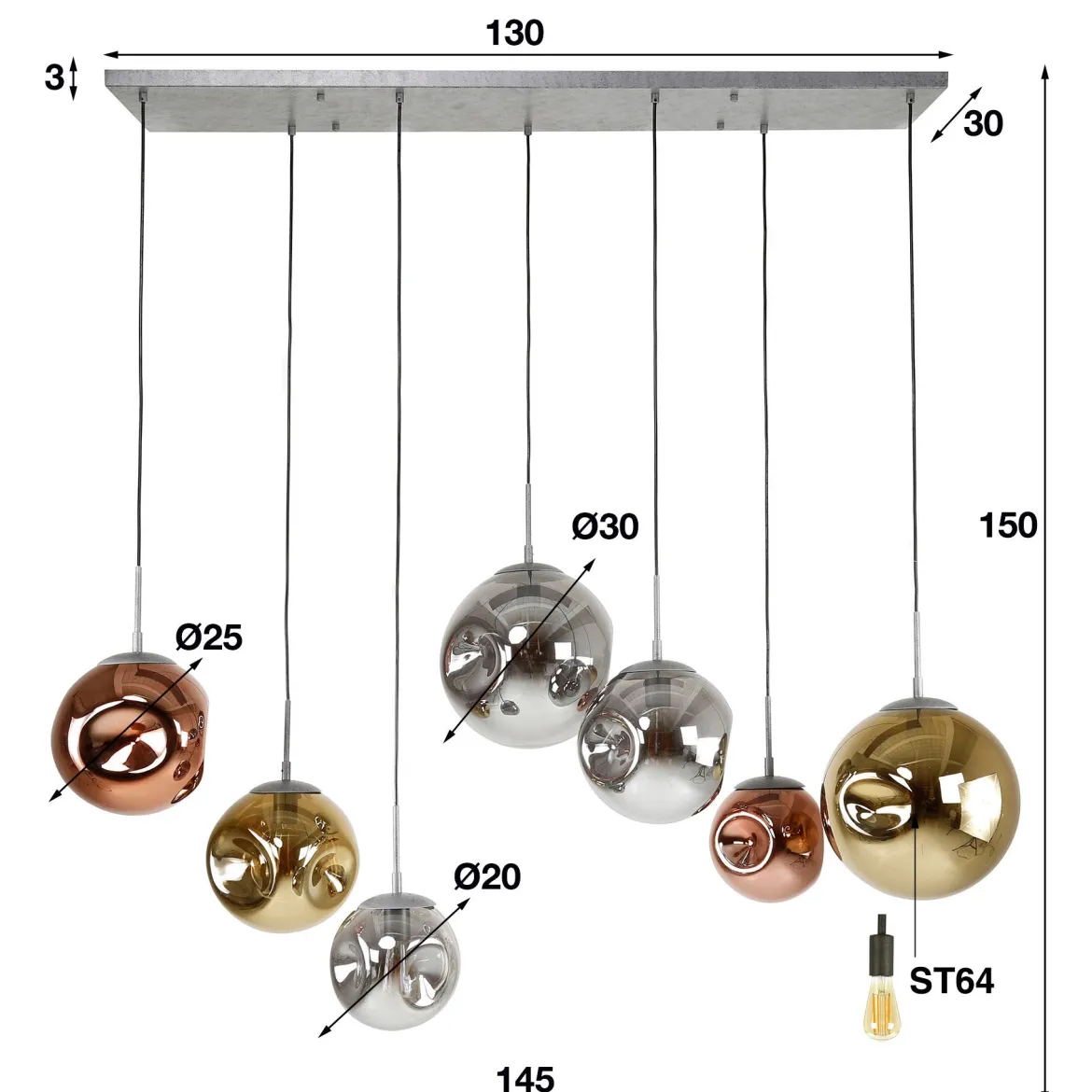 Pendelleuchte "Althea“ – 7 Leuchten in der Metall-Farbkombination Gold, Kupfer und Chrom