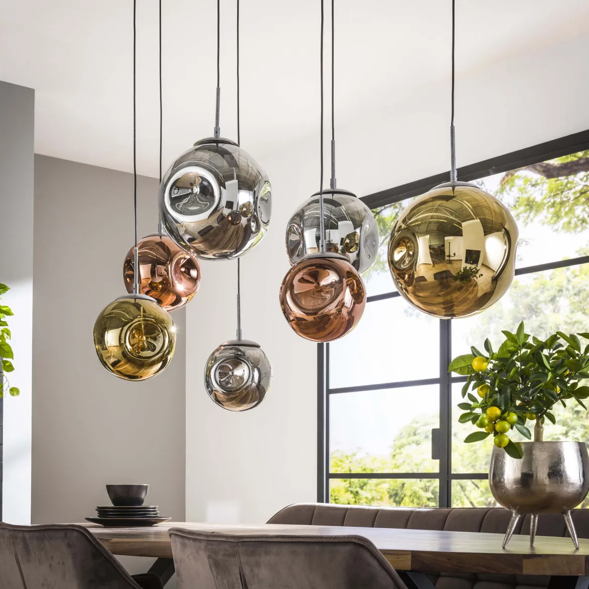 Pendelleuchte "Althea“ – 7 Leuchten in der Metall-Farbkombination Gold, Kupfer und Chrom