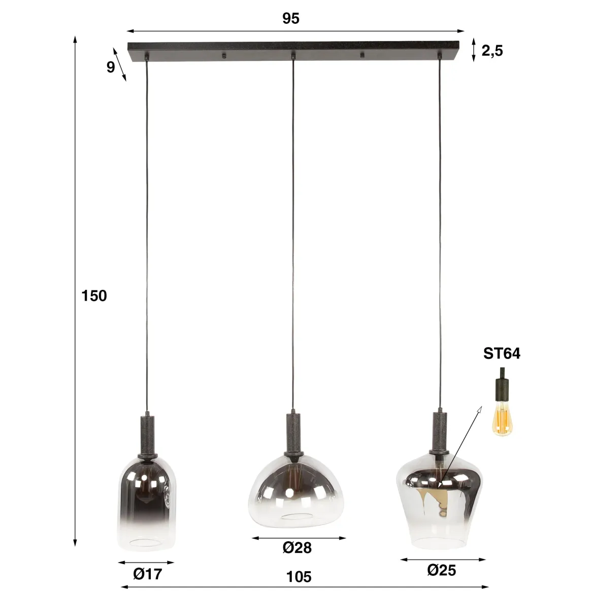 Pendelleuchte „Alveris“ – Rauchglas mit Farbverlauf in 3 verschiedenen Formen