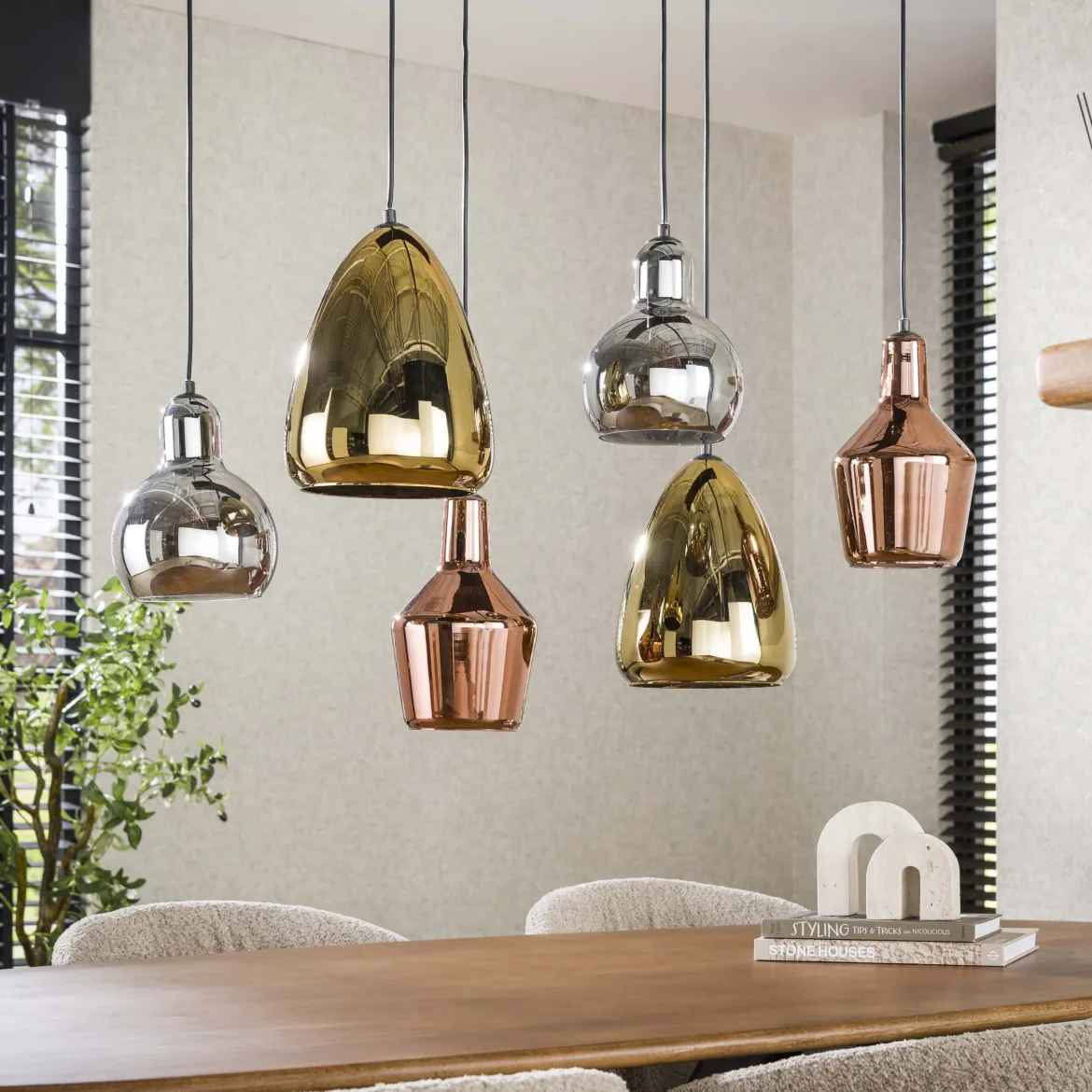 Pendelleuchte "Arvella“ – 6 Leuchten in Gold, Kupfer und Chrom in verschiedenen Formen