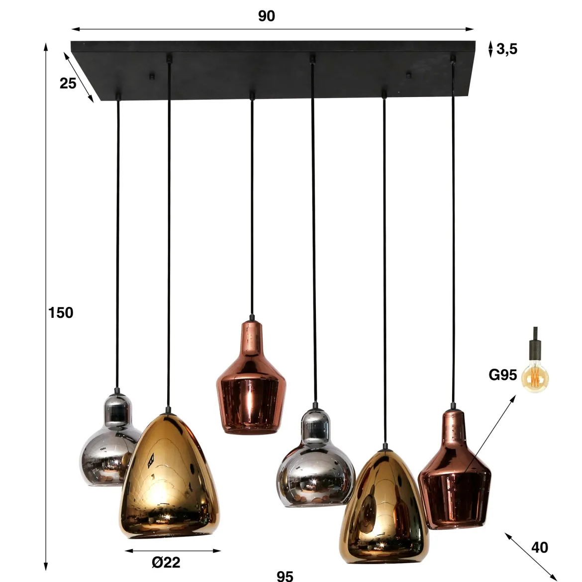 Pendelleuchte "Arvella“ – 6 Leuchten in Gold, Kupfer und Chrom in verschiedenen Formen