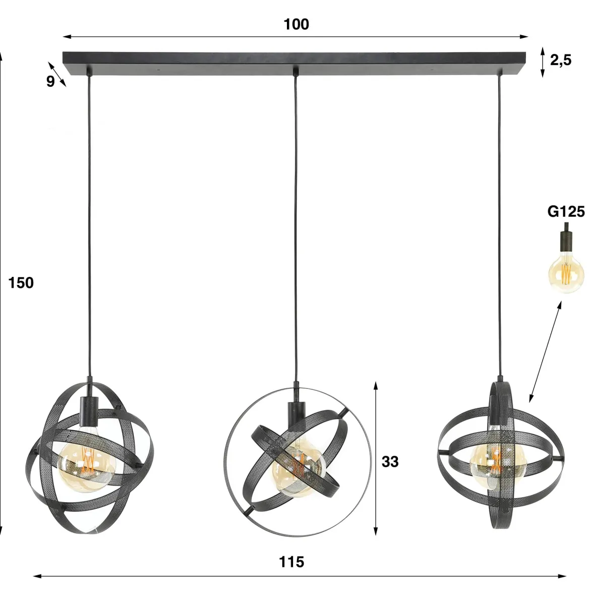 Pendelleuchte Astryx – Drehbares Ringdesign in Schwarz (3-flammig)