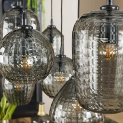 Pendelleuchte „Aurelia“ – mit 7 Leuchten im Rauchglas-Design und Metall Armatur